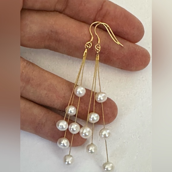 AAA Cultured White Pearl Dangle Earrings-14K GP - Picture 10 of 11